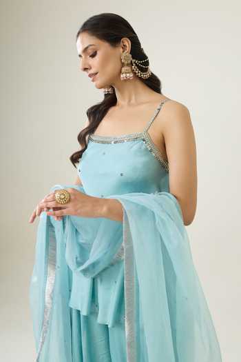 Buy_BAHAARA BY DIVYA NARULA_Blue Silk Satin, Organza Sequins Square Neck Naaz Silver Work Kurta Set _Online_at_Aza_Fashions