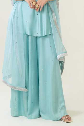 Shop_BAHAARA BY DIVYA NARULA_Blue Silk Satin, Organza Sequins Square Neck Naaz Silver Work Kurta Set _Online_at_Aza_Fashions