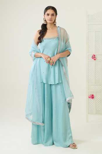 Buy_BAHAARA BY DIVYA NARULA_Blue Silk Satin, Organza Sequins Square Neck Naaz Silver Work Kurta Set _at_Aza_Fashions