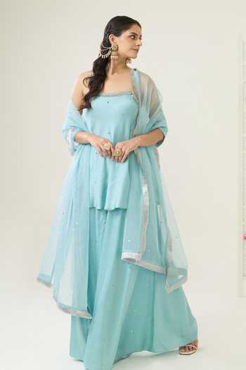 BAHAARA BY DIVYA NARULA_Blue Silk Satin, Organza Sequins Square Neck Naaz Silver Work Kurta Set _at_Aza_Fashions