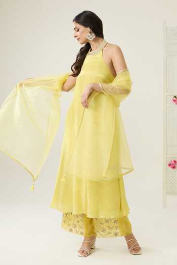 BAHAARA BY DIVYA NARULA_Yellow Organza, Tissue Zardozi Halter Neck Amara Kurta Set _Online_at_Aza_Fashions