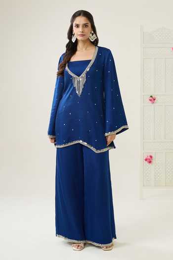 Buy_BAHAARA BY DIVYA NARULA_Navy Silk Satin Sequins V-neck Amaya Kurta And Palazzo Set _at_Aza_Fashions
