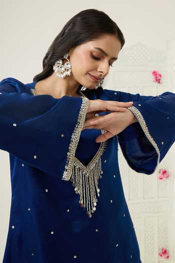 BAHAARA BY DIVYA NARULA_Navy Silk Satin Sequins V-neck Amaya Kurta And Palazzo Set _Online_at_Aza_Fashions