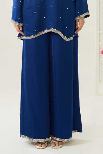 Shop_BAHAARA BY DIVYA NARULA_Navy Silk Satin Sequins V-neck Amaya Kurta And Palazzo Set _Online_at_Aza_Fashions