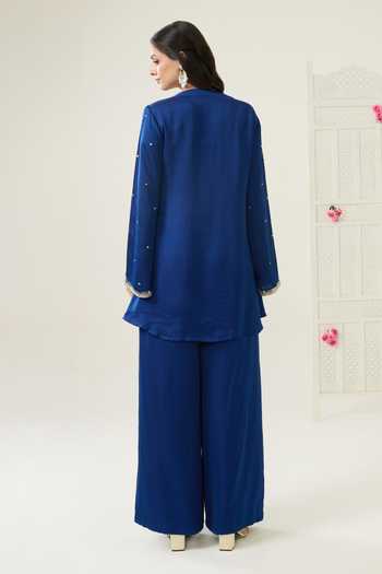 Shop_BAHAARA BY DIVYA NARULA_Navy Silk Satin Sequins V-neck Amaya Kurta And Palazzo Set _at_Aza_Fashions