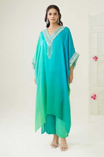 BAHAARA BY DIVYA NARULA_Blue Organza, Satin V-neck Ava Mirror Bead Neckline Kurta And Pant Set _Online_at_Aza_Fashions