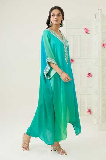 Shop_BAHAARA BY DIVYA NARULA_Blue Organza, Satin V-neck Ava Mirror Bead Neckline Kurta And Pant Set _Online_at_Aza_Fashions