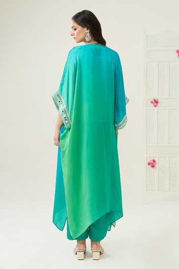 Shop_BAHAARA BY DIVYA NARULA_Blue Organza, Satin V-neck Ava Mirror Bead Neckline Kurta And Pant Set _at_Aza_Fashions