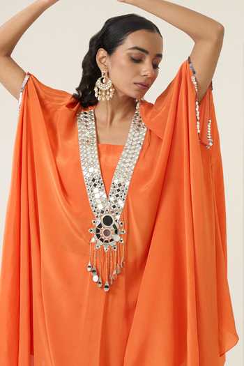 Shop_BAHAARA BY DIVYA NARULA_Orange Crepe V-, Yes, Square Arwa Placed Embroidered Kurta Set _Online_at_Aza_Fashions