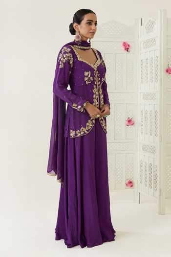 Buy_BAHAARA BY DIVYA NARULA_Purple Crepe, Organza Sweetheart Neck, Yes Mehnaz Embroidered Kurta Set _Online_at_Aza_Fashions