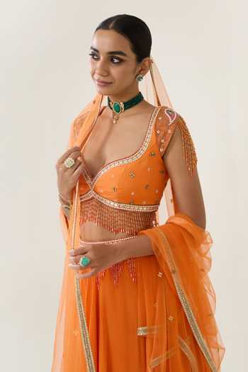 Buy_BAHAARA BY DIVYA NARULA_Orange Organza, Net Sweetheart Neck Mehr Embroidered Blouse Lehenga Set _Online_at_Aza_Fashions