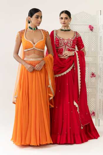Shop_BAHAARA BY DIVYA NARULA_Orange Organza, Net Sweetheart Neck Mehr Embroidered Blouse Lehenga Set _Online_at_Aza_Fashions