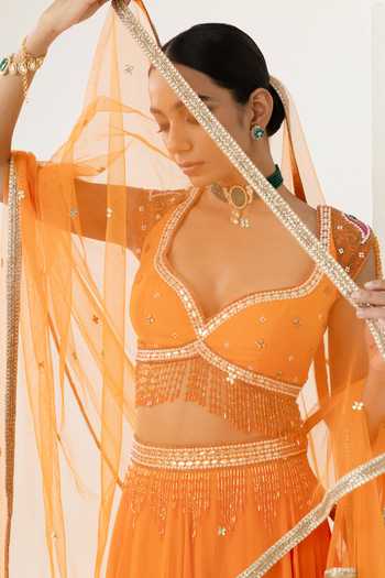 BAHAARA BY DIVYA NARULA_Orange Organza, Net Sweetheart Neck Mehr Embroidered Blouse Lehenga Set _at_Aza_Fashions
