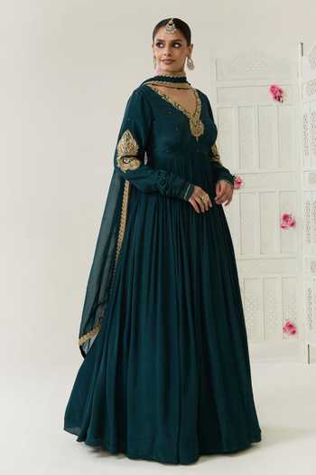 Shop_BAHAARA BY DIVYA NARULA_Teal Crepe, Organza V-neck Bano Embroidered Anarkali And Dupatta Set _Online_at_Aza_Fashions