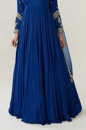 BAHAARA BY DIVYA NARULA_Navy Crepe, Organza Round Neck Farah Zardozi Embroidered Anarkali And Dupatta Set _Online_at_Aza_Fashions