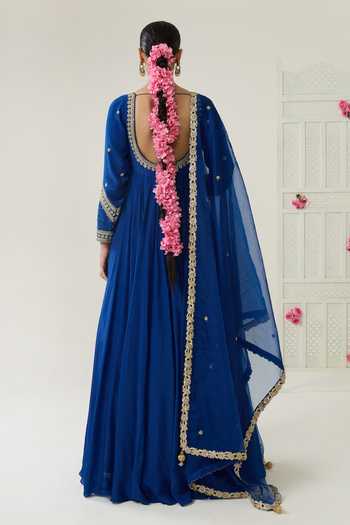 Shop_BAHAARA BY DIVYA NARULA_Navy Crepe, Organza Round Neck Farah Zardozi Embroidered Anarkali And Dupatta Set _at_Aza_Fashions