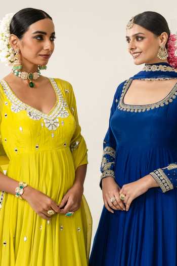 Shop_BAHAARA BY DIVYA NARULA_Navy Crepe, Organza Round Neck Farah Zardozi Embroidered Anarkali And Dupatta Set _Online_at_Aza_Fashions