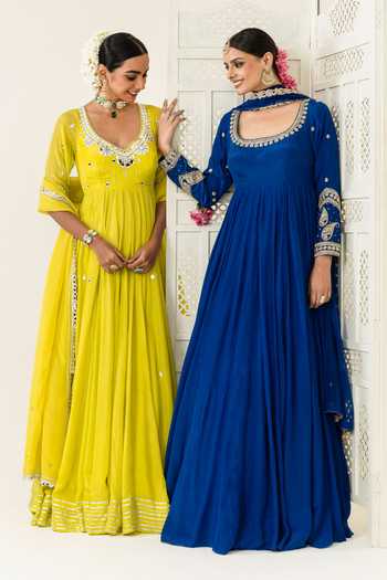 Shop_BAHAARA BY DIVYA NARULA_Navy Crepe, Organza Round Neck Farah Zardozi Embroidered Anarkali And Dupatta Set 