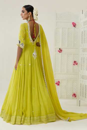 Shop_BAHAARA BY DIVYA NARULA_Yellow Crepe, Organza V-neck Zahra Mirror Work Anarkali And Dupatta Set _at_Aza_Fashions
