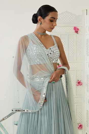 Buy_BAHAARA BY DIVYA NARULA_Blue Organza, Net Fariba Pleated Lehenga Set _Online_at_Aza_Fashions