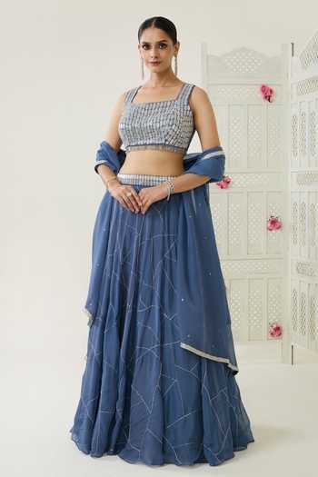 BAHAARA BY DIVYA NARULA_Blue Organza Square Neck Sara Embroidered Lehenga Set  _Online_at_Aza_Fashions