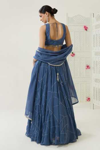 Shop_BAHAARA BY DIVYA NARULA_Blue Organza Square Neck Sara Embroidered Lehenga Set  _at_Aza_Fashions