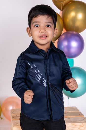 Shop_Little Luxe_Navy Suiting Metallic Lace Shirt _at_Aza_Fashions