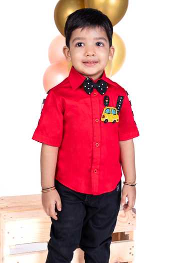 Shop_Little Luxe_Red Car Racing Shirt With Bow Tie _at_Aza_Fashions