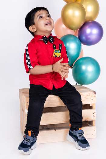 Buy_Little Luxe_Red Car Racing Shirt With Bow Tie _at_Aza_Fashions