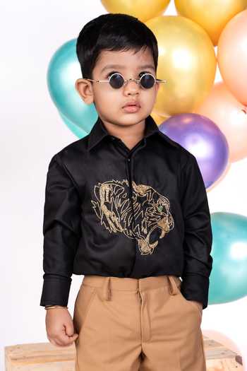 Buy_Little Luxe_Black Tiger Embellished Shirt _at_Aza_Fashions