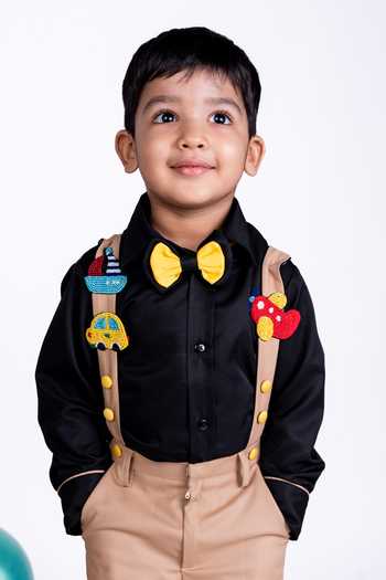 Little Luxe_Black Suiting Transport Theme Shirt And Pant Suspender Set _Online_at_Aza_Fashions