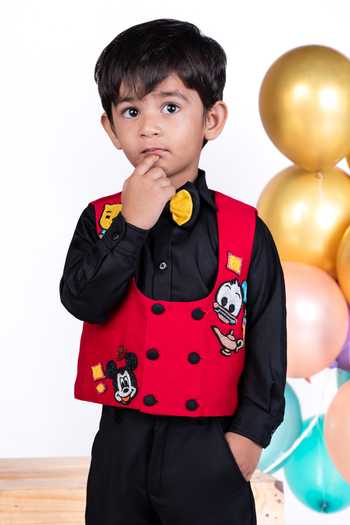 Little Luxe_Red Silk, Suiting Disney Theme Waistcoat And Pant Set _Online_at_Aza_Fashions