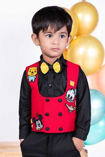 Shop_Little Luxe_Red Silk, Suiting Disney Theme Waistcoat And Pant Set _at_Aza_Fashions