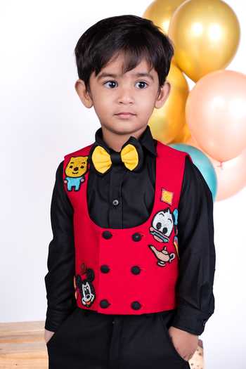 Buy_Little Luxe_Red Silk, Suiting Disney Theme Waistcoat And Pant Set _Online_at_Aza_Fashions