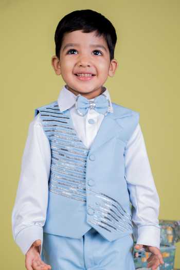 Shop_Little Luxe_Blue Suiting Cutdana Embellished Waistcoat And Pant Set _at_Aza_Fashions