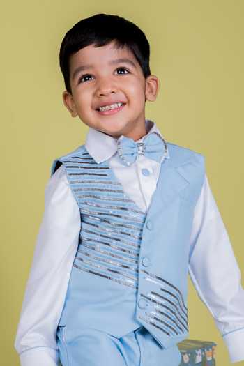 Shop_Little Luxe_Blue Suiting Cutdana Embellished Waistcoat And Pant Set _Online_at_Aza_Fashions