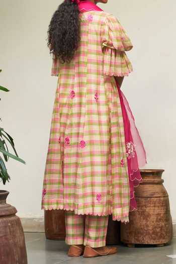 Shop_Label Earthen_Pink Maheshwari, Cotton Embroidery, Mirrors Gul Mehendi Checkered Anarkali Set _at_Aza_Fashions