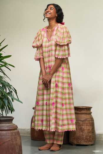 Shop_Label Earthen_Pink Maheshwari, Cotton Embroidery, Mirrors Gul Mehendi Checkered Anarkali Set _Online_at_Aza_Fashions