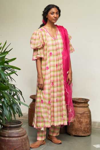 Label Earthen_Pink Maheshwari, Cotton Embroidery, Mirrors Gul Mehendi Checkered Anarkali Set _at_Aza_Fashions