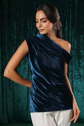 B'Infinite_Blue Velvet, Polyester One Shoulder Celestial Top And Trouser Set _Online