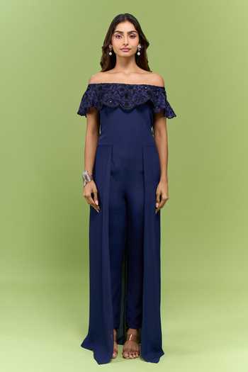 Varsha Wadhwa_Blue Embroidered Yoke Layered Jumpsuit _at_Aza_Fashions