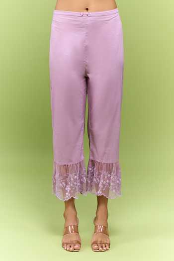 Naaz By Noor_Lavender Cotton Round Neck, Yes Floral Embroidered Kurta Set _Online_at_Aza_Fashions
