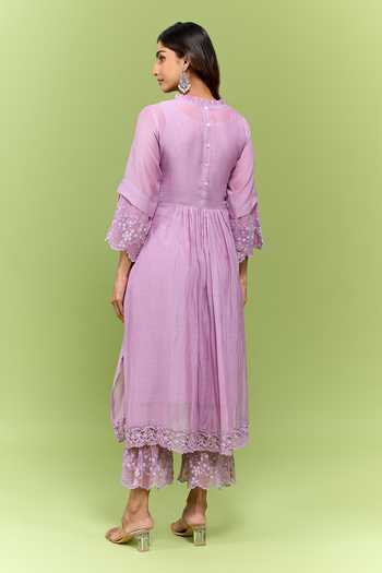 Shop_Naaz By Noor_Lavender Cotton Round Neck, Yes Floral Embroidered Kurta Set _at_Aza_Fashions