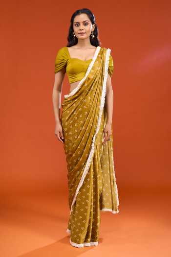 Esha Koul_Green Silk, Cotton Off-shoulder Floral Print Pre-draped Saree With Blouse _Online_at_Aza_Fashions