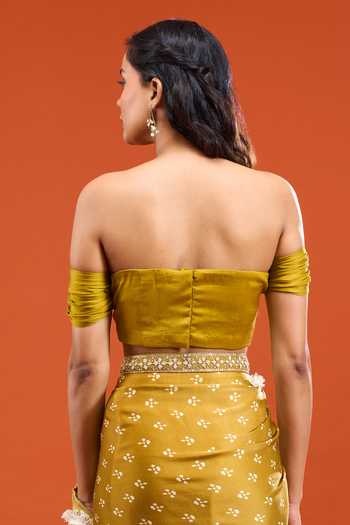 Shop_Esha Koul_Green Silk, Cotton Off-shoulder Floral Print Pre-draped Saree With Blouse _Online_at_Aza_Fashions
