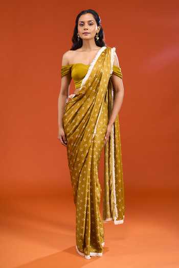 Buy_Esha Koul_Green Silk, Cotton Off-shoulder Floral Print Pre-draped Saree With Blouse _at_Aza_Fashions