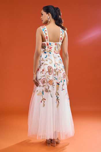 Shop_RANNA GILL_White Net Square Neck Floral Embroidered Dress _at_Aza_Fashions