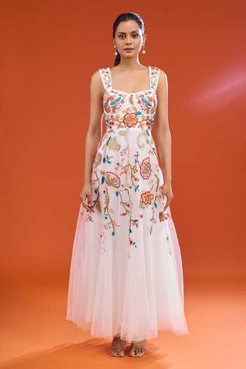 RANNA GILL_White Net Square Neck Floral Embroidered Dress _Online_at_Aza_Fashions
