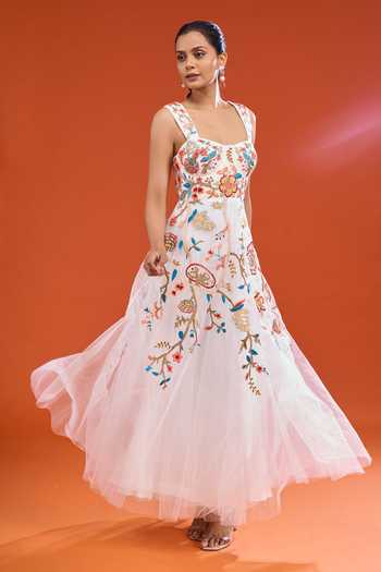 Buy_RANNA GILL_White Net Square Neck Floral Embroidered Dress _Online_at_Aza_Fashions