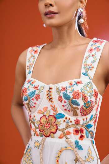 RANNA GILL_White Net Square Neck Floral Embroidered Dress _at_Aza_Fashions